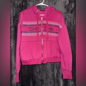 BEBE Pink Stripes Womens Festival Fuschia Stripe Logo Full Zip Hoodie Size M